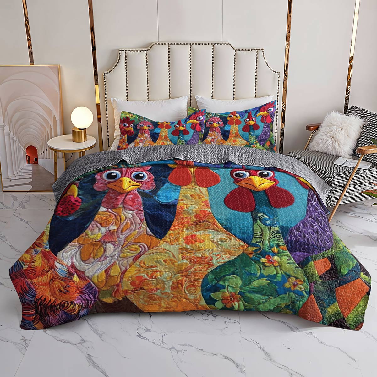 Shineful All Season Quilt 3-Piece Set Stunning Chickens Model