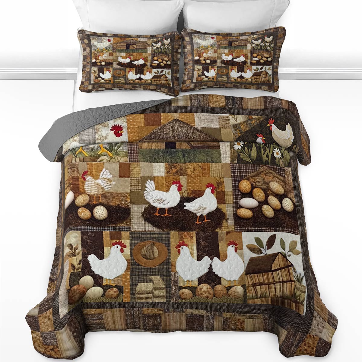 Shineful All Season Quilt 3-Piece Set Vinatge Chickens Farm