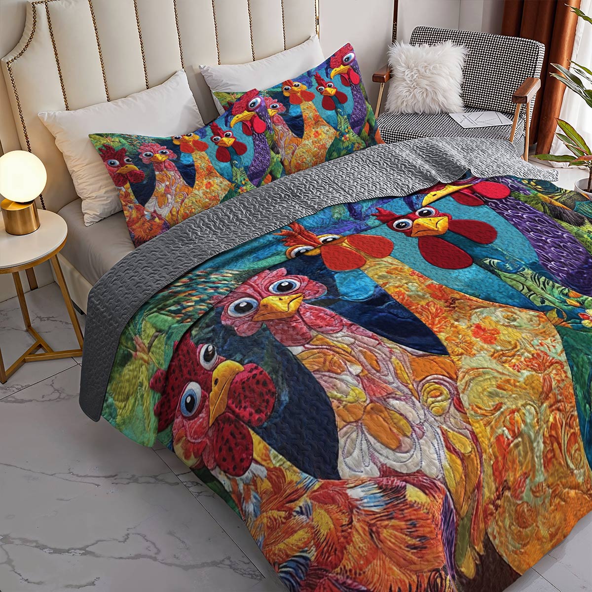 Shineful All Season Quilt 3-Piece Set Stunning Chickens Model