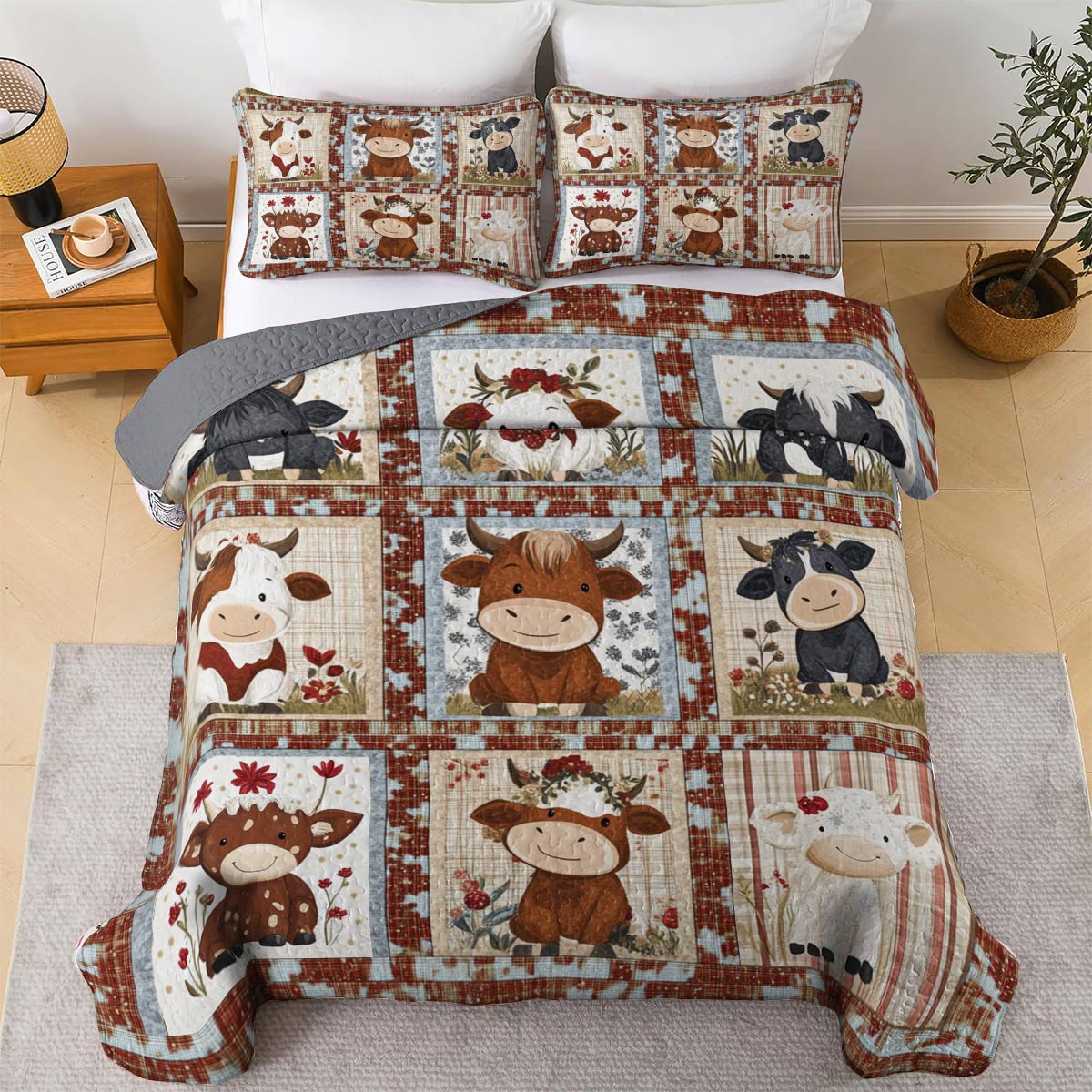 Shineful All Season Quilt 3-Piece Set Cute Cow