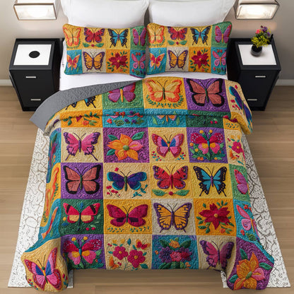 Shineful Flat Print All Season Quilt 3-Piece Set Colorful Flowers Butterflies