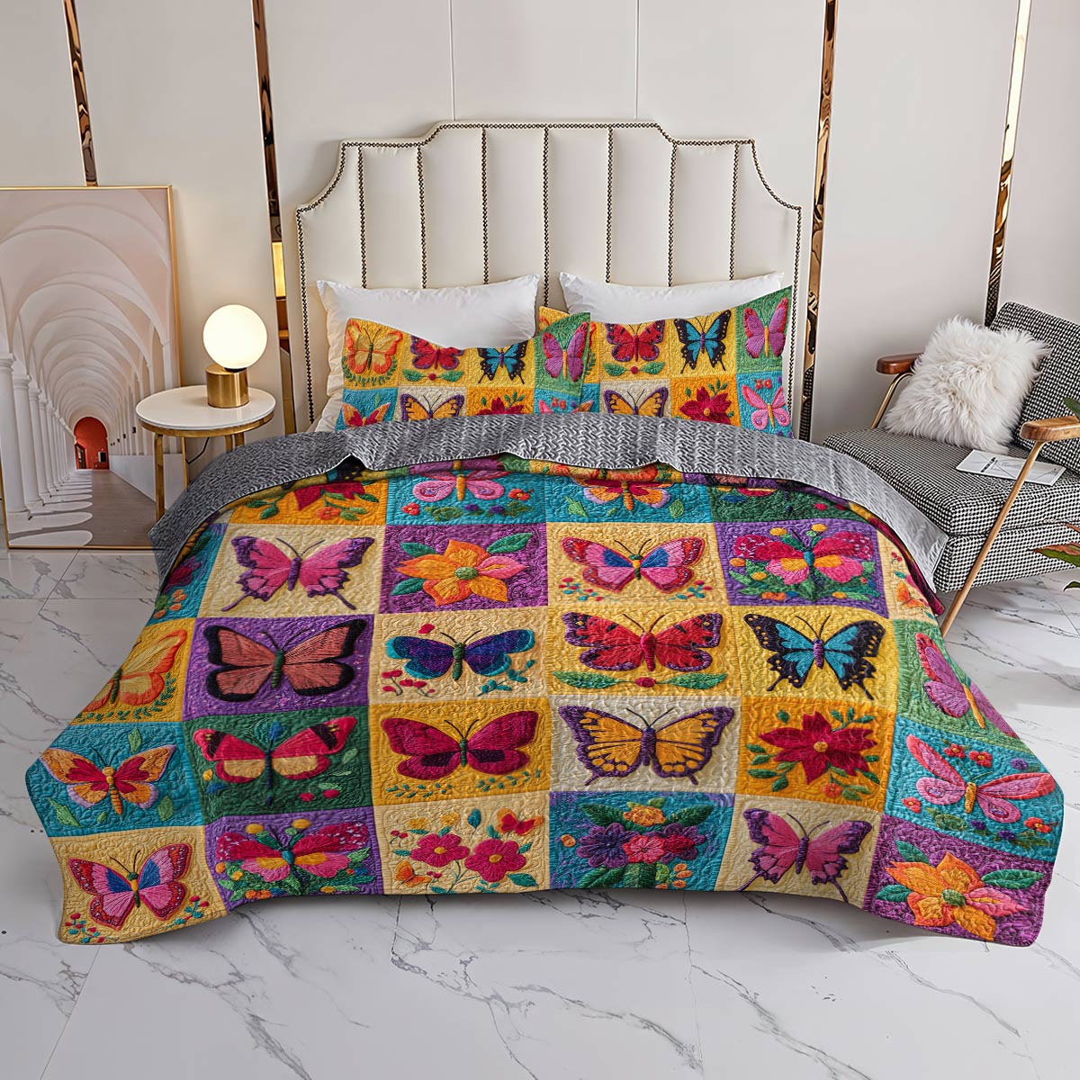 Shineful Flat Print All Season Quilt 3-Piece Set Colorful Flowers Butterflies