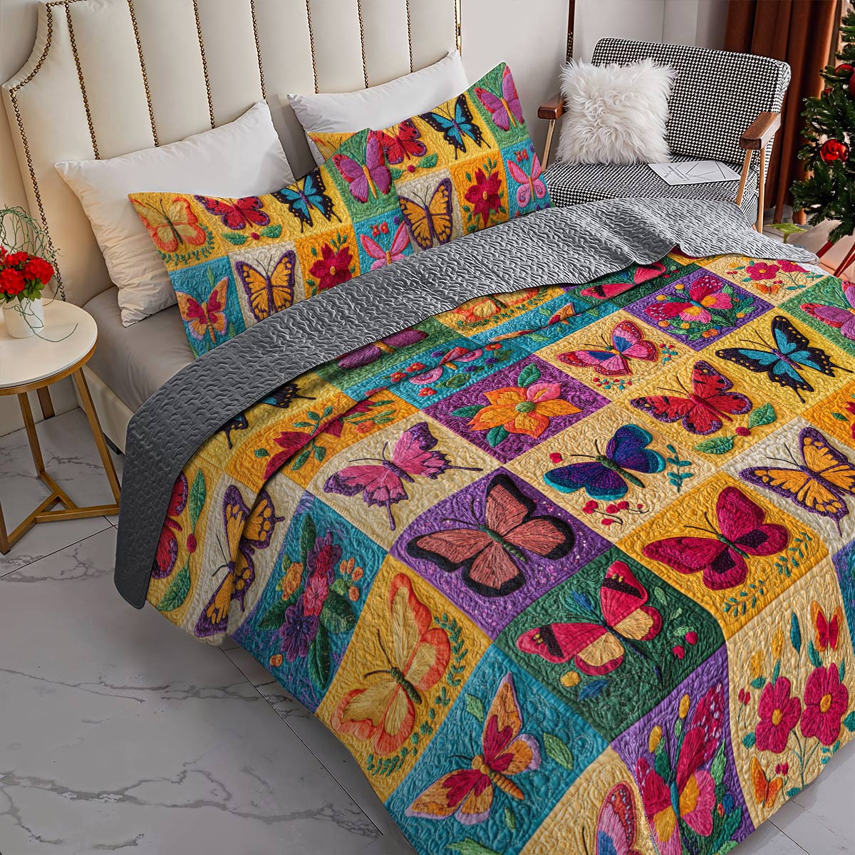 Shineful Flat Print All Season Quilt 3-Piece Set Colorful Flowers Butterflies