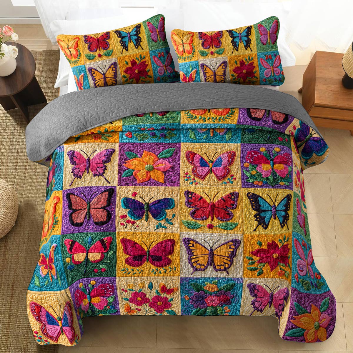 Shineful Flat Print All Season Quilt 3-Piece Set Colorful Flowers Butterflies