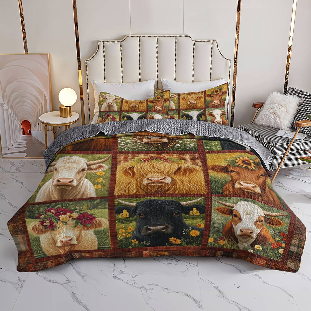 Shineful All Season Quilt 3-Piece Set Cow Flowers Love