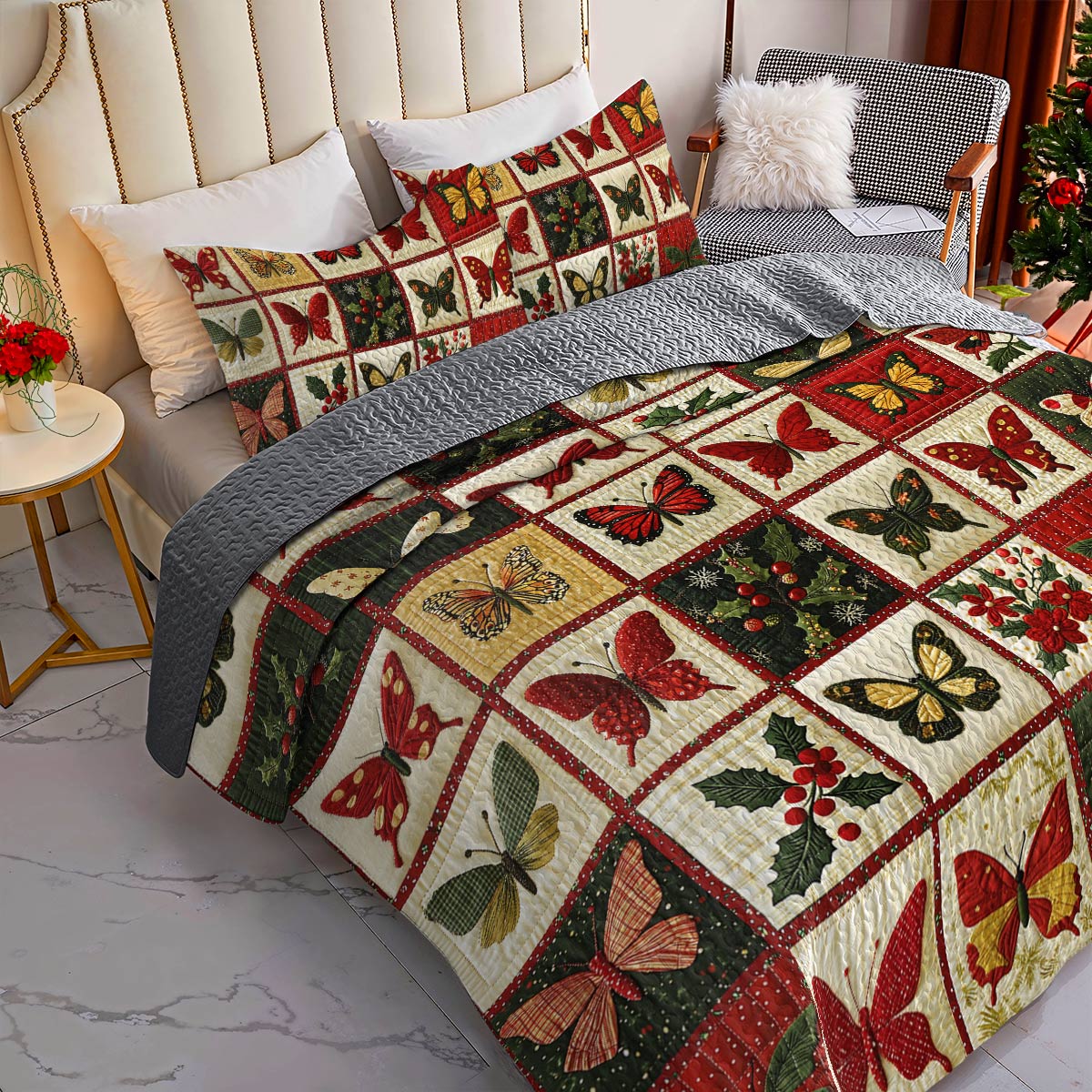 Shineful Flat Print All Season Quilt 3-Piece Set Merry Christmas Butterflies Lovely