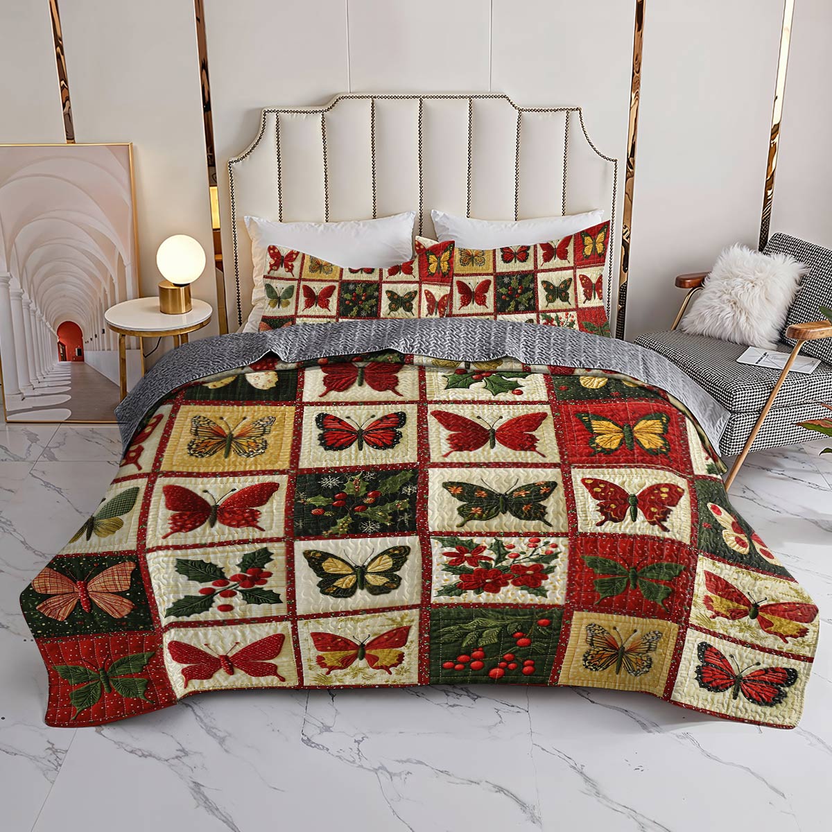 Shineful Flat Print All Season Quilt 3-Piece Set Merry Christmas Butterflies Lovely