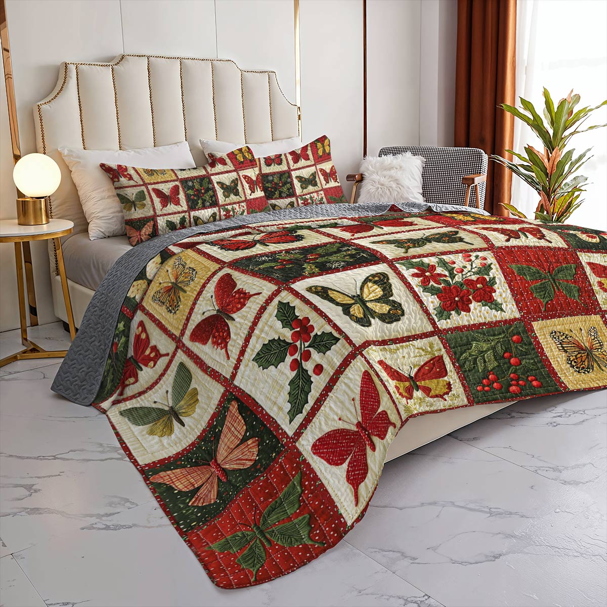 Shineful Flat Print All Season Quilt 3-Piece Set Merry Christmas Butterflies Lovely