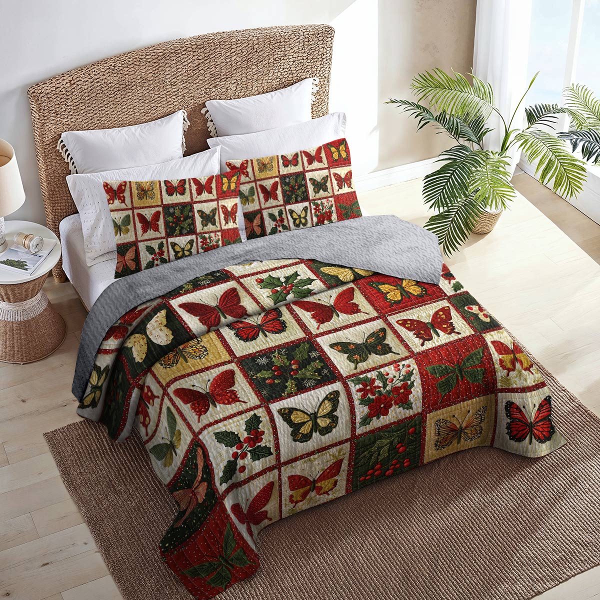 Shineful Flat Print All Season Quilt 3-Piece Set Merry Christmas Butterflies Lovely