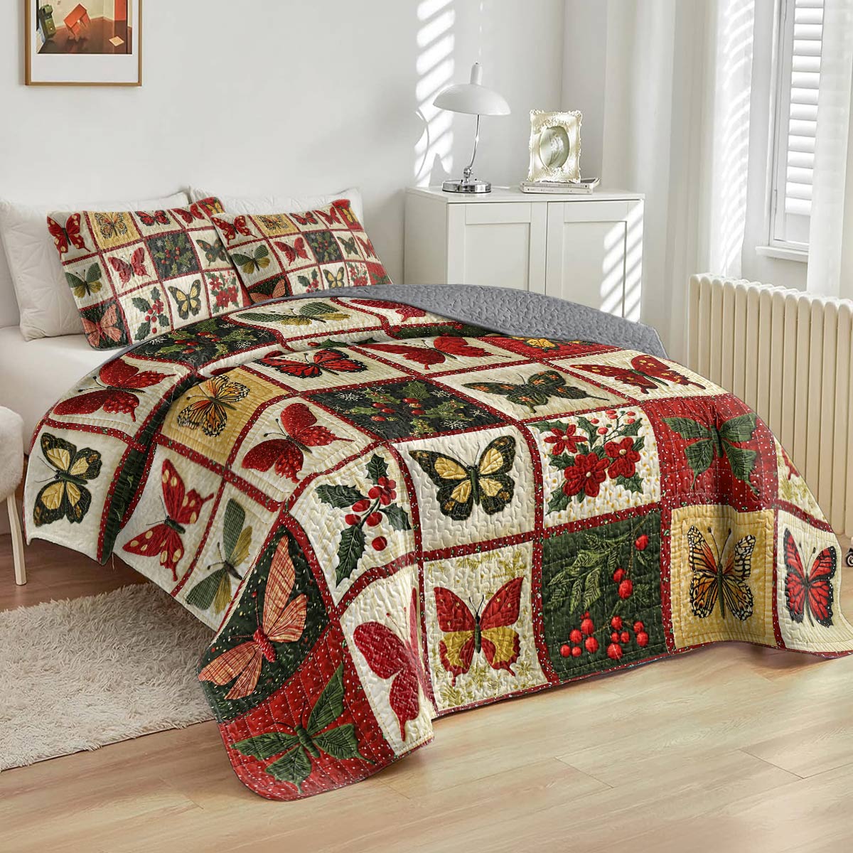 Shineful Flat Print All Season Quilt 3-Piece Set Merry Christmas Butterflies Lovely