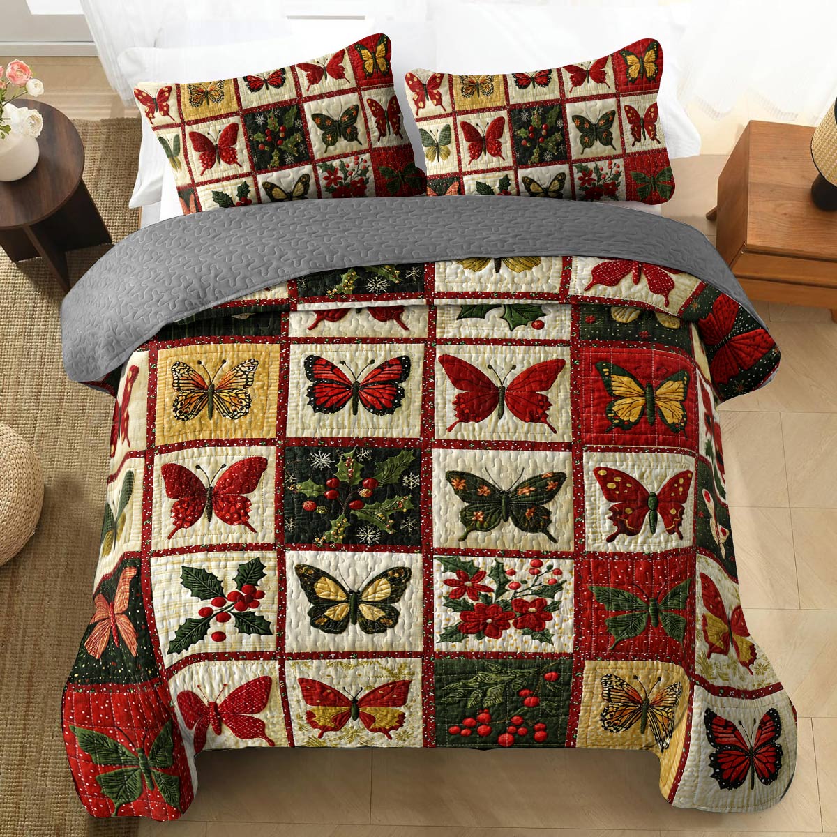 Shineful Flat Print All Season Quilt 3-Piece Set Merry Christmas Butterflies Lovely