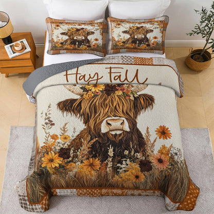 Ensemble de courtepointe toutes saisons Shineful 3 pièces Hay Fall Highland Cow