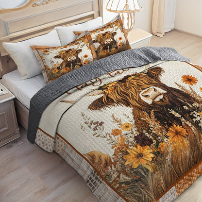 Shineful All Season Quilt 3-Piece Set Hay Fall Highland Cow