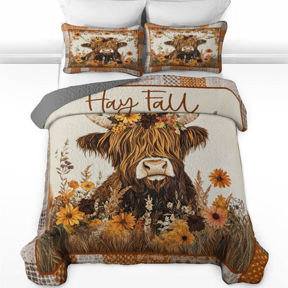 Shineful All Season Quilt 3-Piece Set Hay Fall Highland Cow