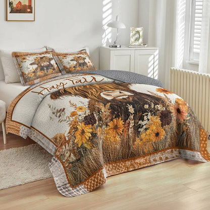 Shineful All Season Quilt 3-Piece Set Hay Fall Highland Cow