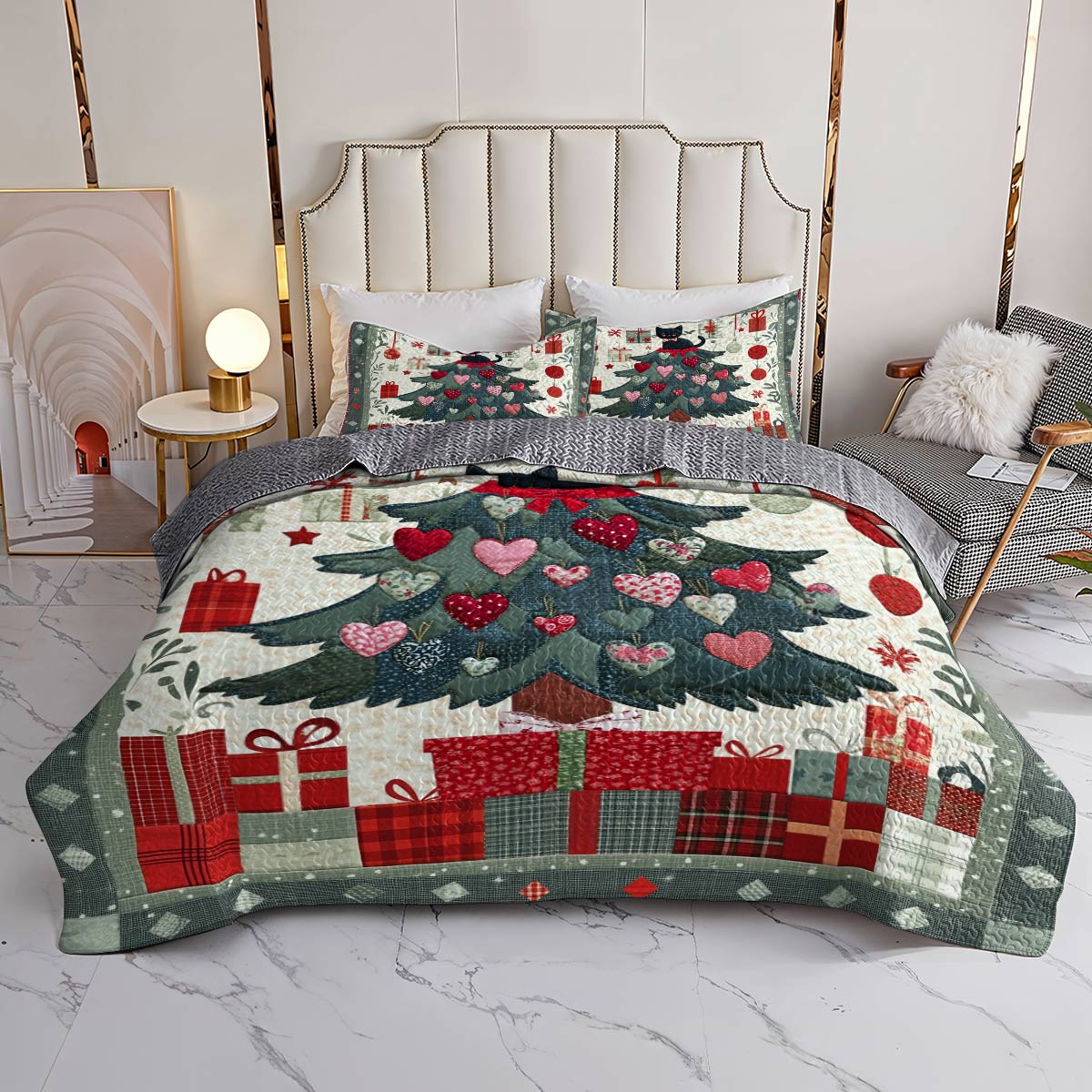 Shineful All Season Quilt 3-Piece Set Cute Christmas Cat