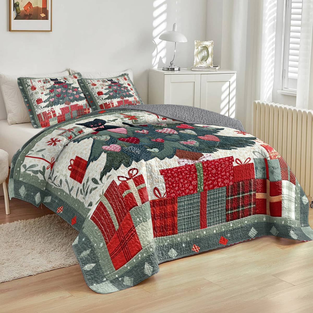 Shineful All Season Quilt 3-Piece Set Cute Christmas Cat