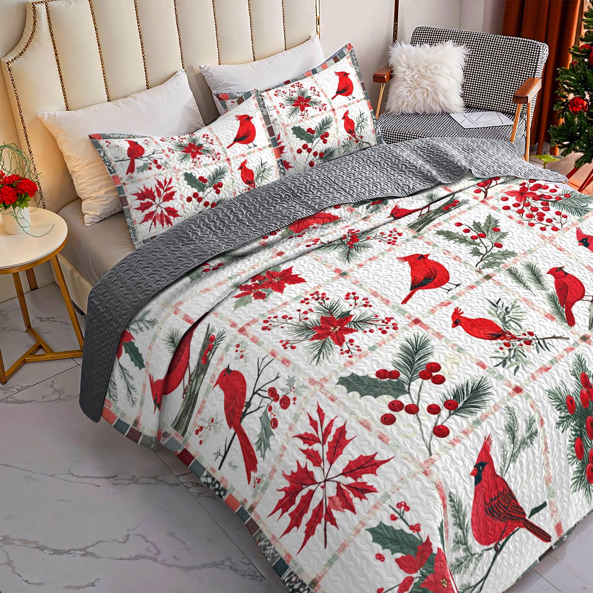 Shineful All Season Quilt 3-Piece Set Gentle Cardinals Lovely