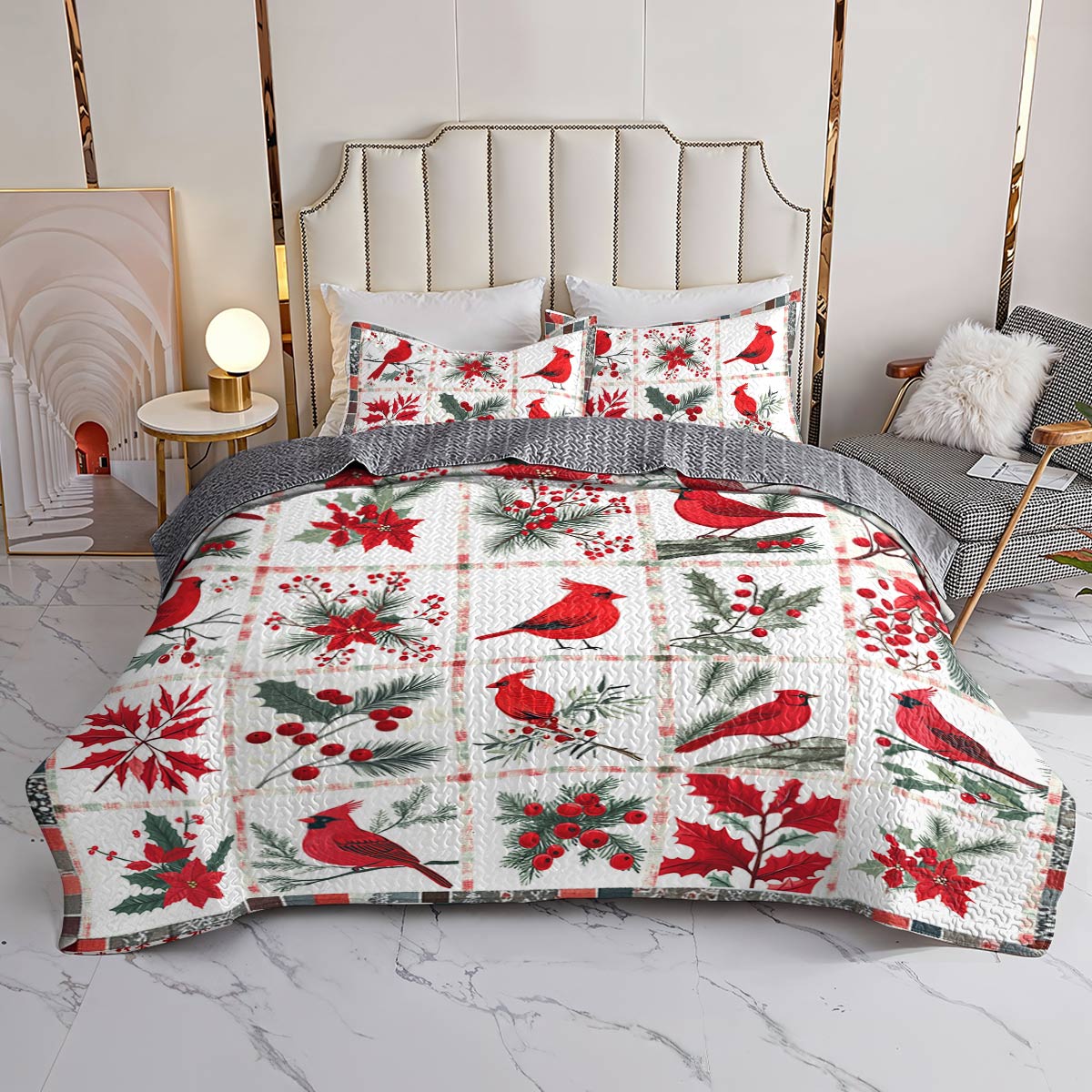 Shineful All Season Quilt 3-Piece Set Gentle Cardinals Lovely