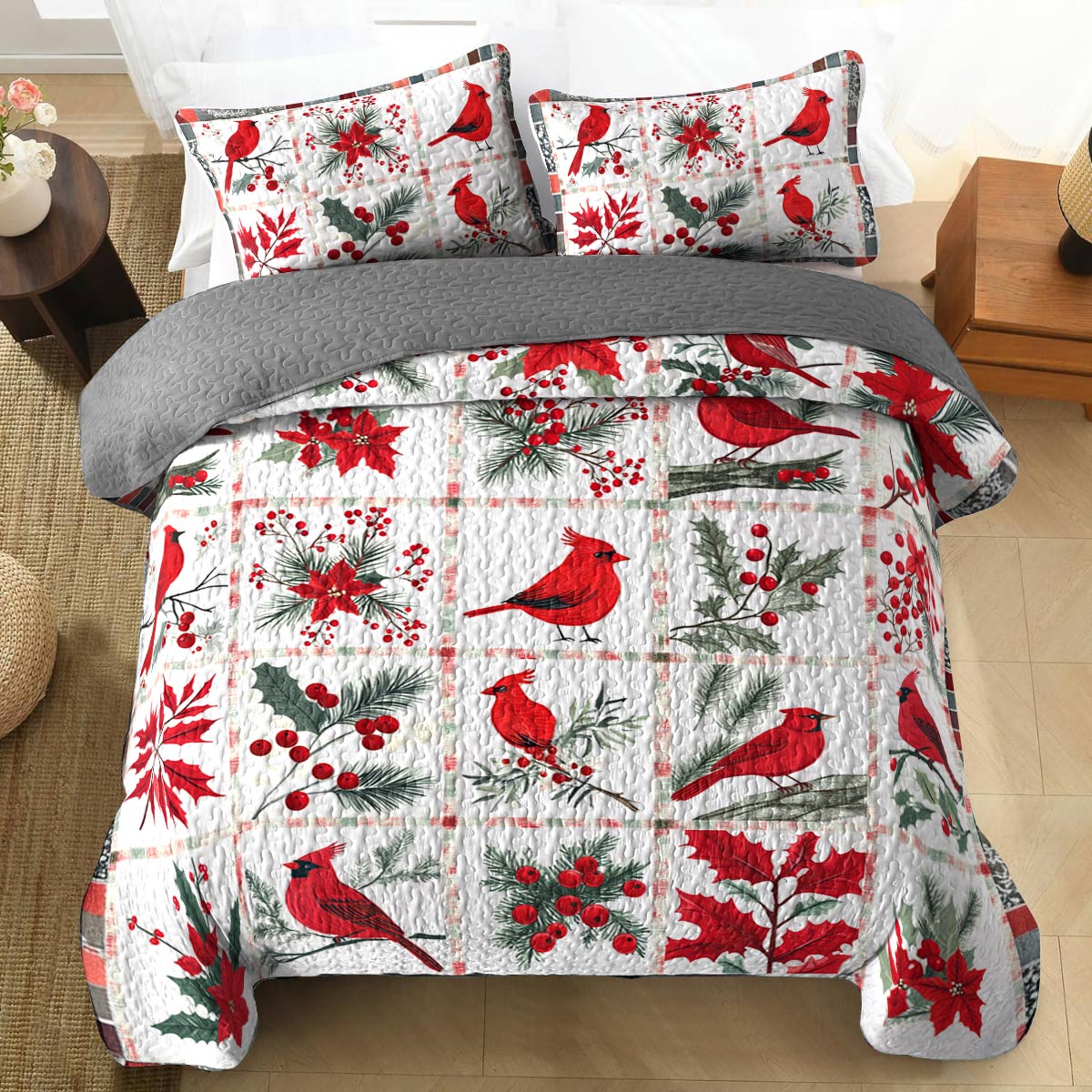 Shineful All Season Quilt 3-Piece Set Gentle Cardinals Lovely