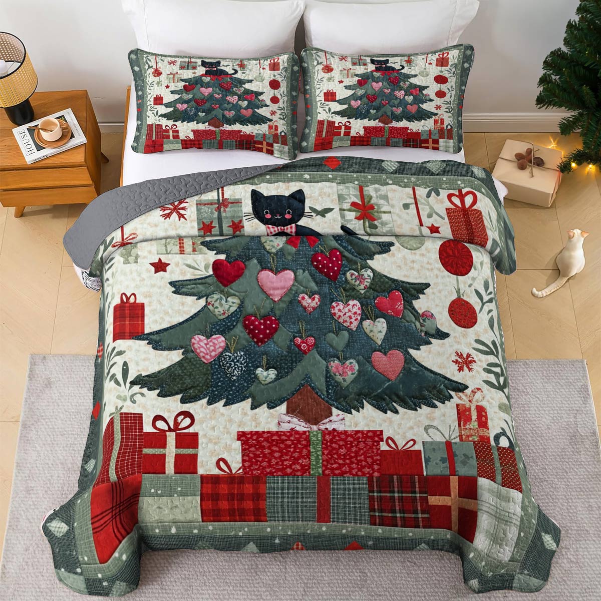 Shineful All Season Quilt 3-Piece Set Cute Christmas Cat