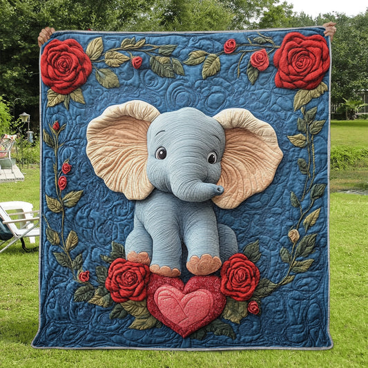 Couverture matelassée en fausse fourrure à imprimé plat brillant - Adorable bébé éléphant avec des roses et un amour sincère