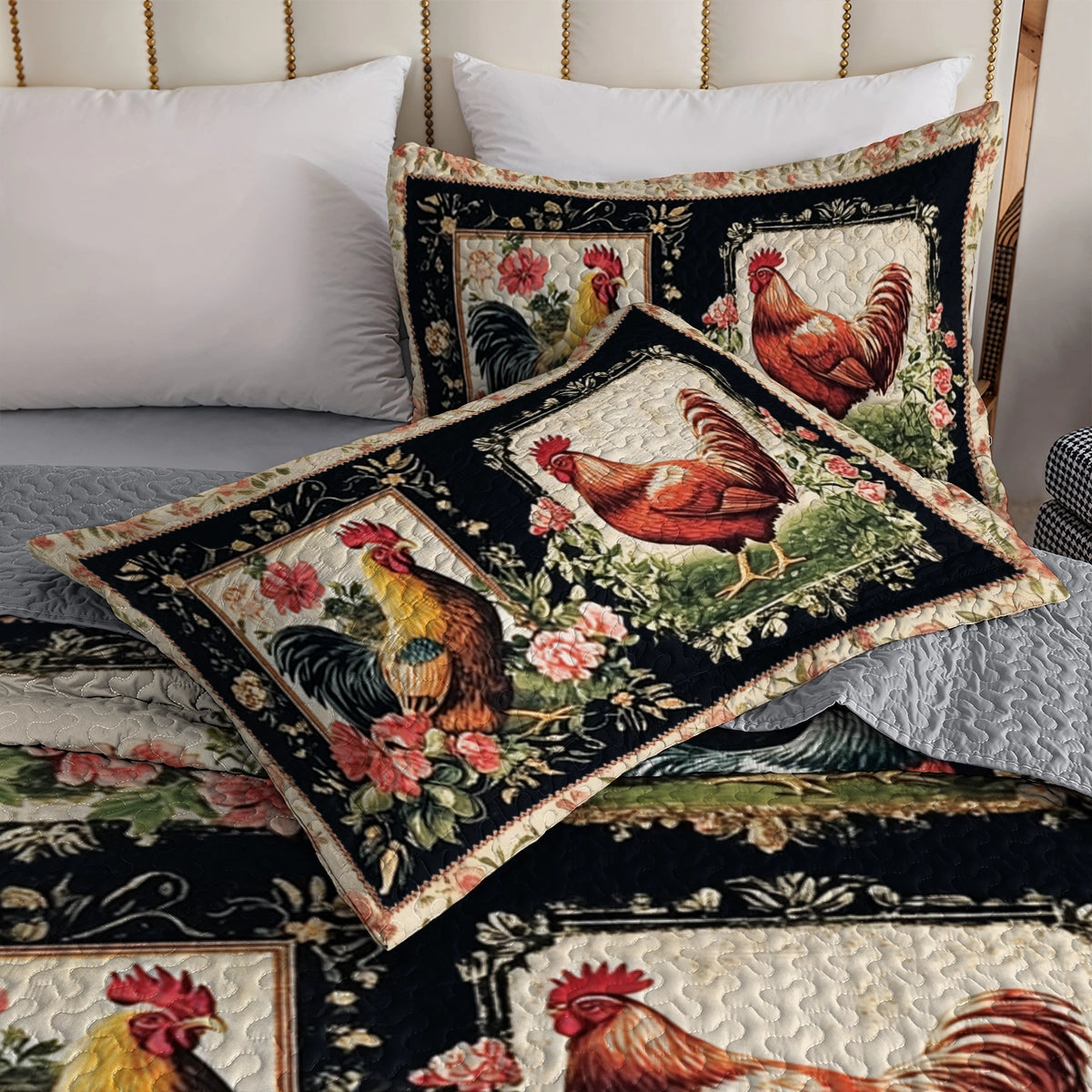 Shineful All Season Quilt 3-Piece Set Floral Graceful Chickens