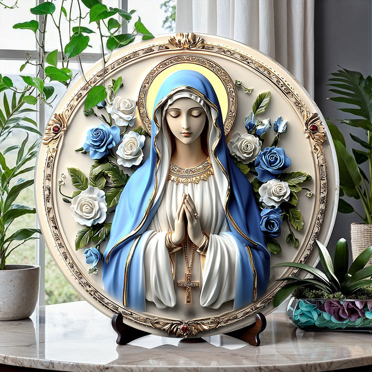 Shineful 2D Wooden Plaque, Hanging Decor, Door Sign - Peaceful Virgin Mary Roses