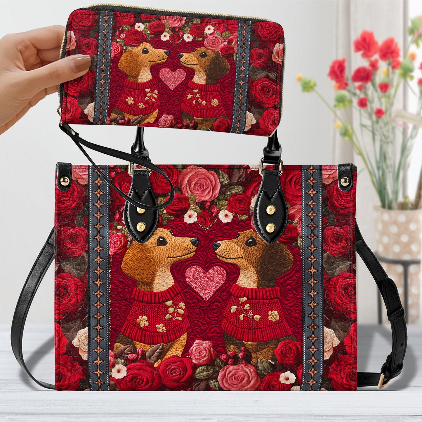 Shineful Leather Bag Heart Floral Dachshund Couple