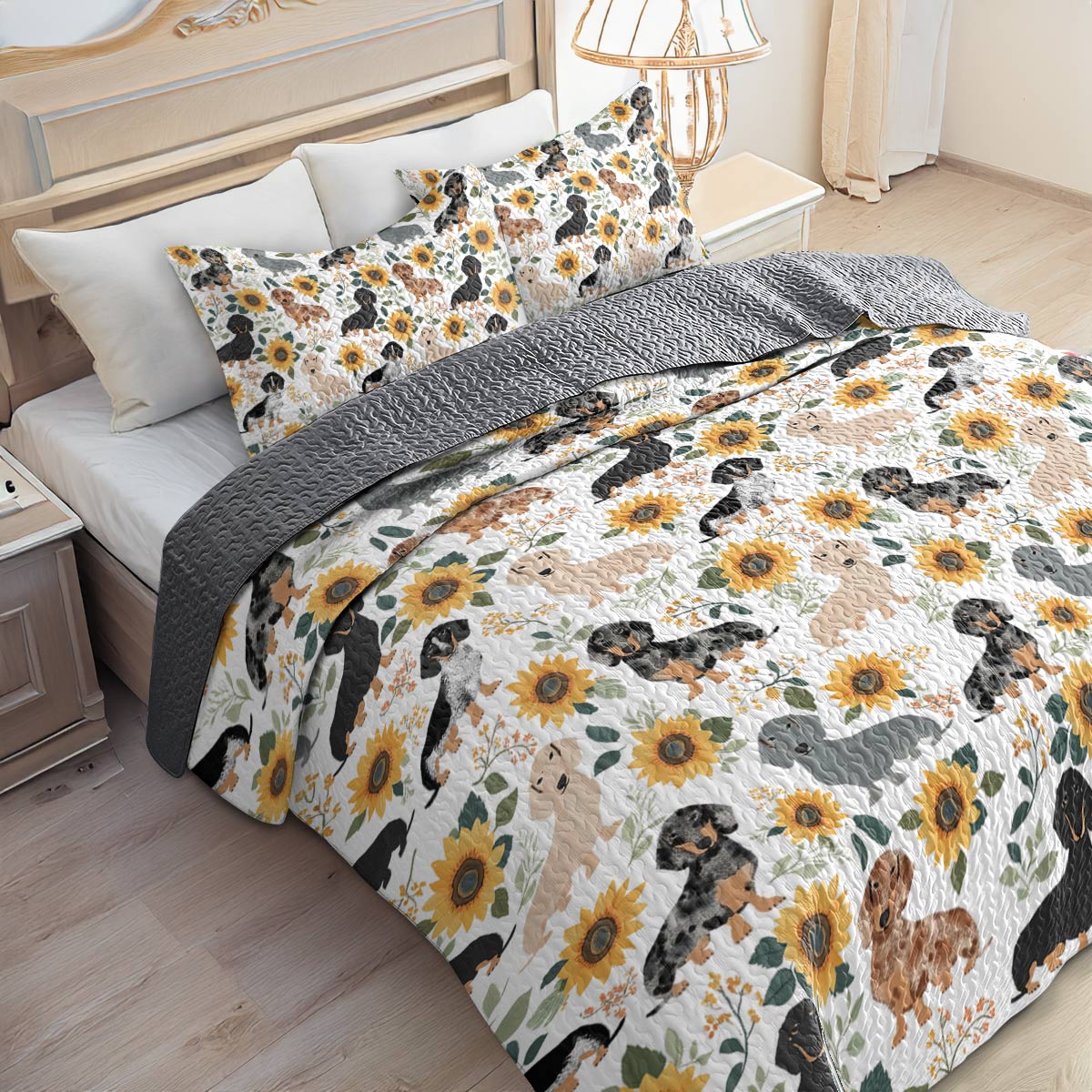 Shineful All Season Quilt 3-teiliges Set – Dackel und Sonnenblumen 