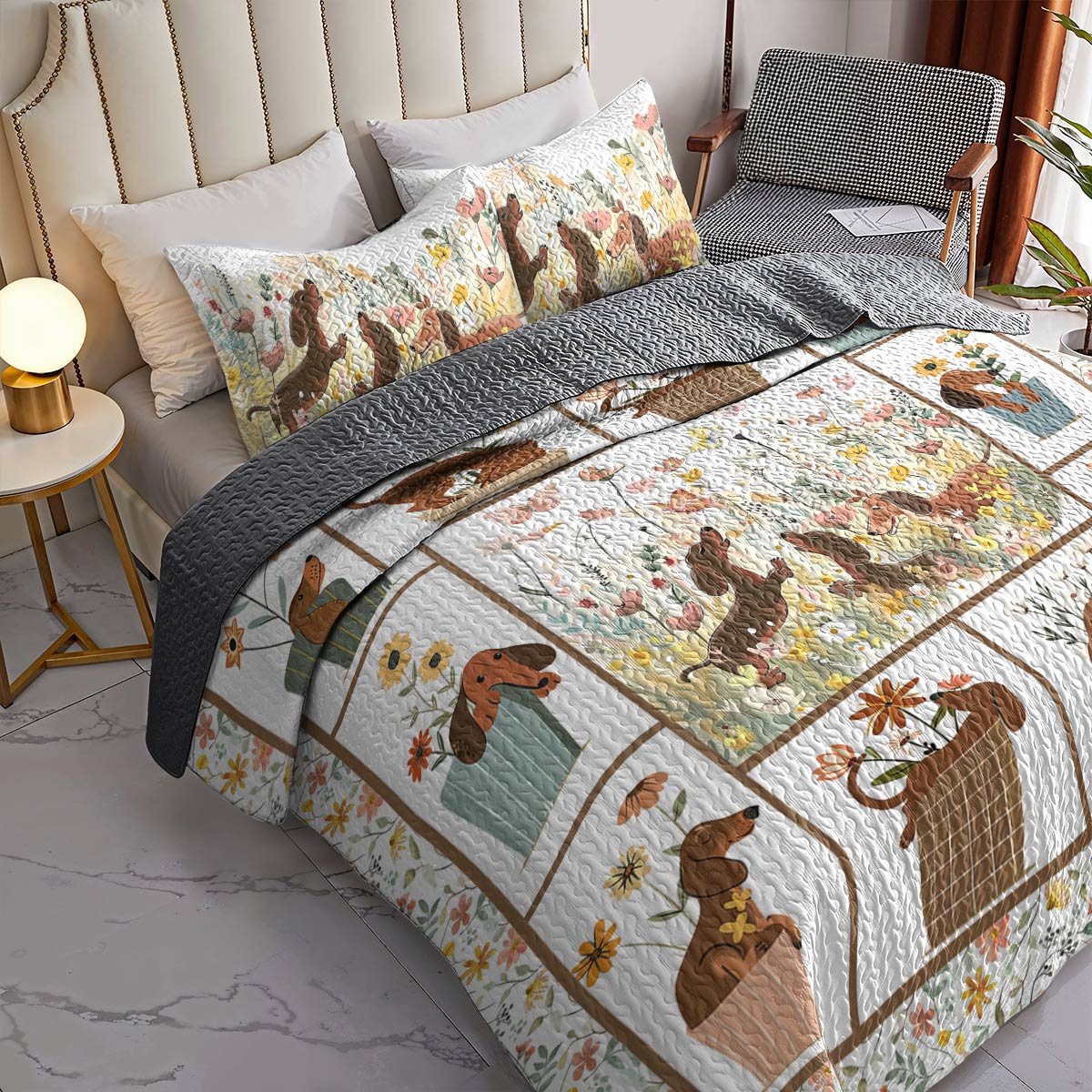 Shineful All Season Quilt 3-Piece Set Flowers Dachshunds