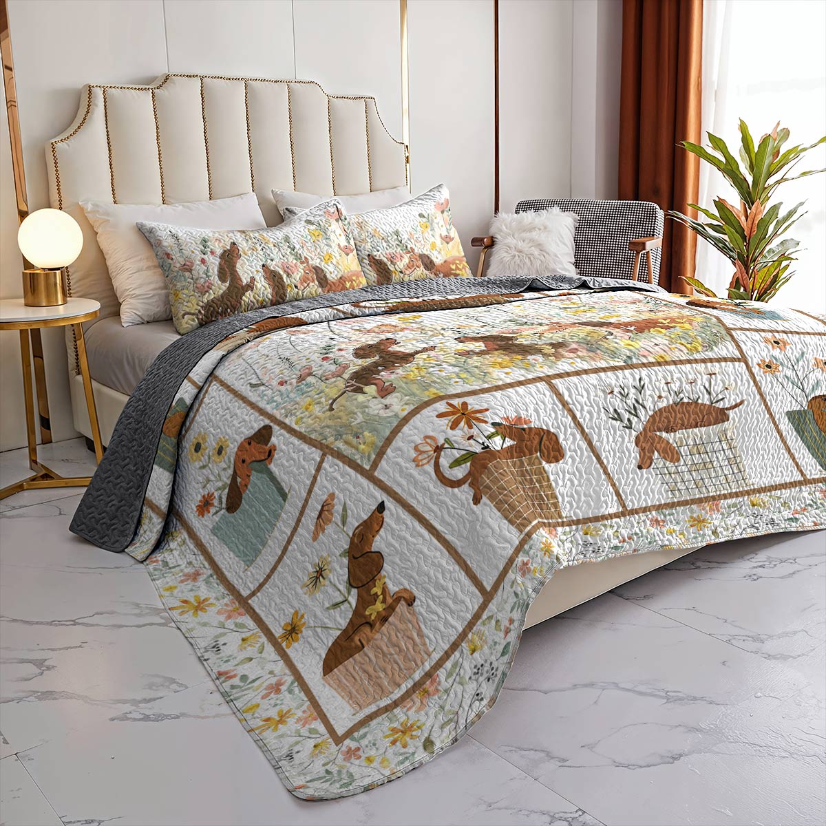 Shineful All Season Quilt 3-Piece Set Flowers Dachshunds