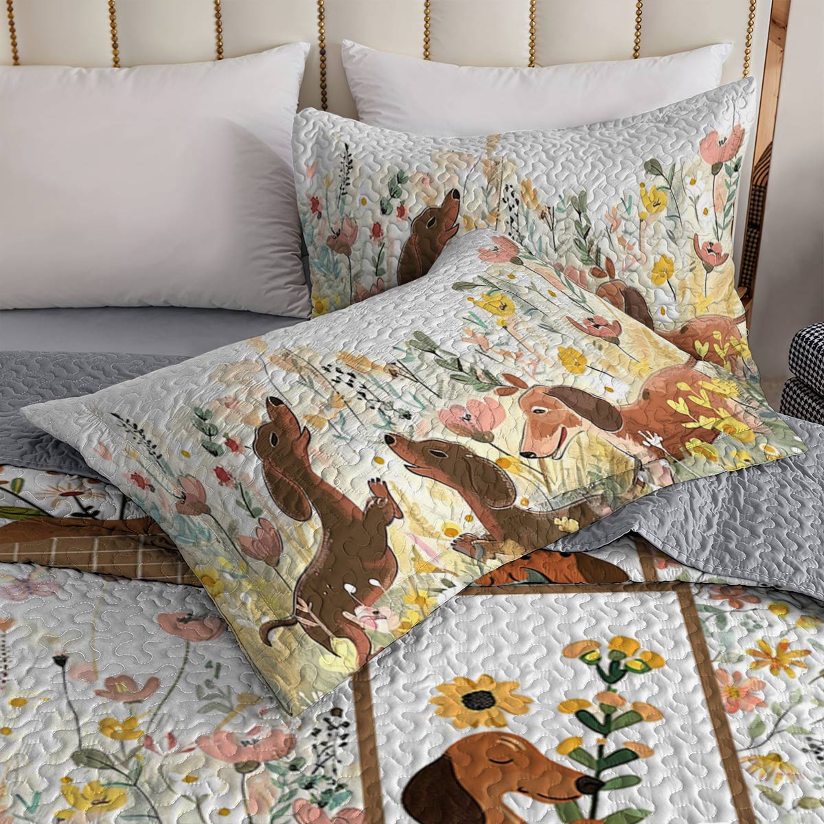 Shineful All Season Quilt 3-Piece Set Flowers Dachshunds