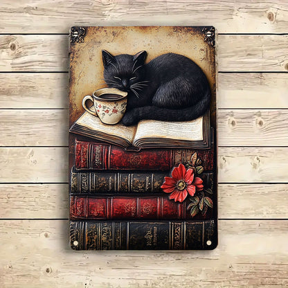 Shineful 2D Metal Sign Vintage Black Cat Books