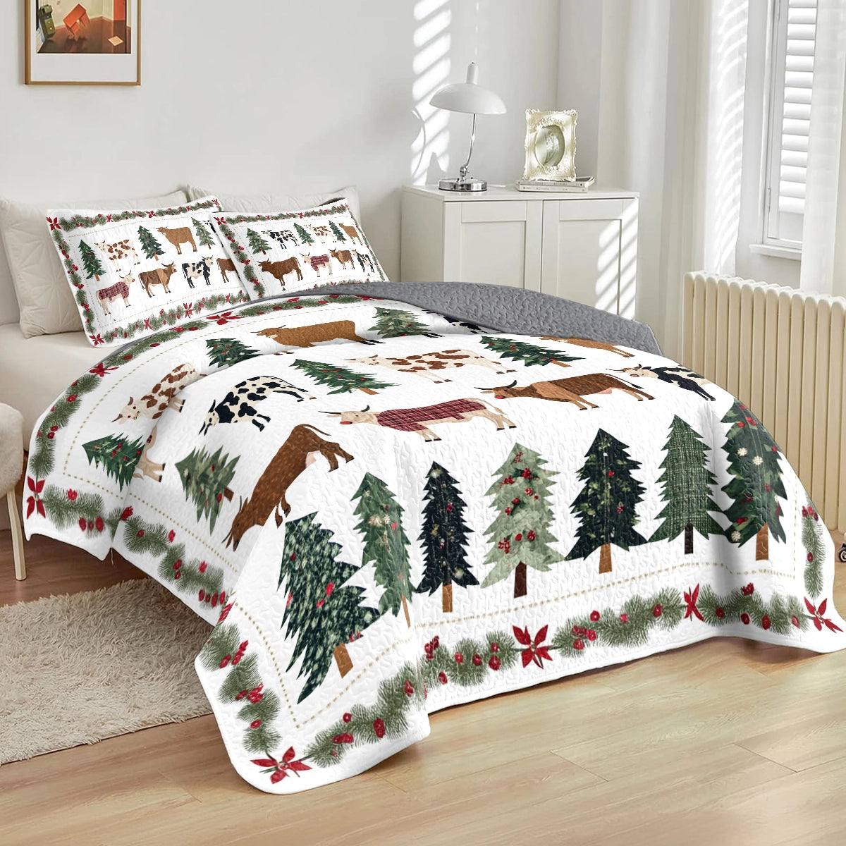 Shineful All Season Quilt 3-Piece Set Evergreen Christmas Cow