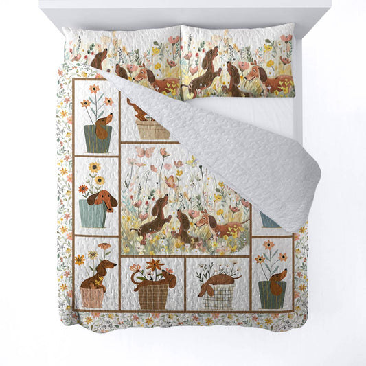 Shineful All Season Quilt 3-Piece Set Flowers Dachshunds