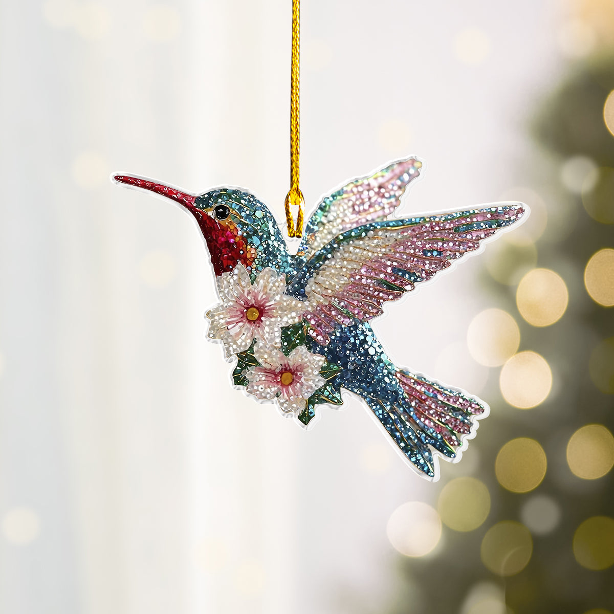 Shineful 2D Acrylic Ornament Twinkling Floral Hummingbird