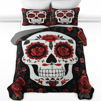 Shineful All Season Quilt 3-Piece Set - Roses & Skulls Elegance