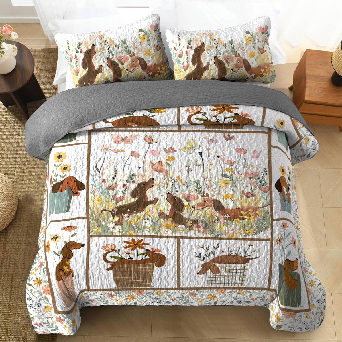 Shineful All Season Quilt 3-Piece Set Flowers Dachshunds