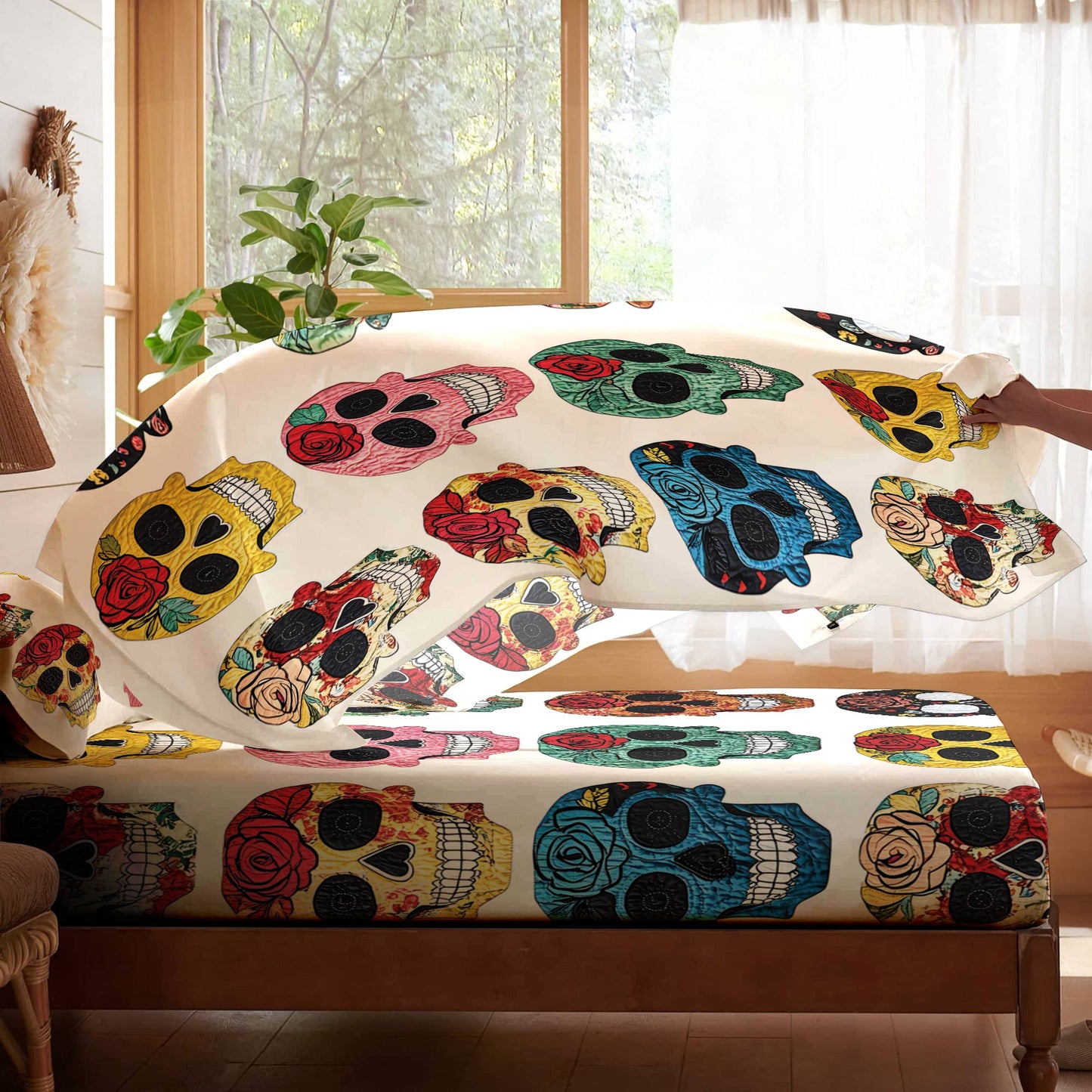 Shineful 4-Piece Bed Sheet Set Colorful Sugar Skull Roses