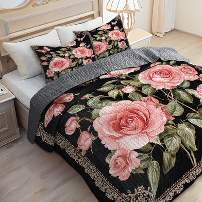 Shineful All Season Quilt 3-Piece Set Elegent Pink Roses And Butterflies