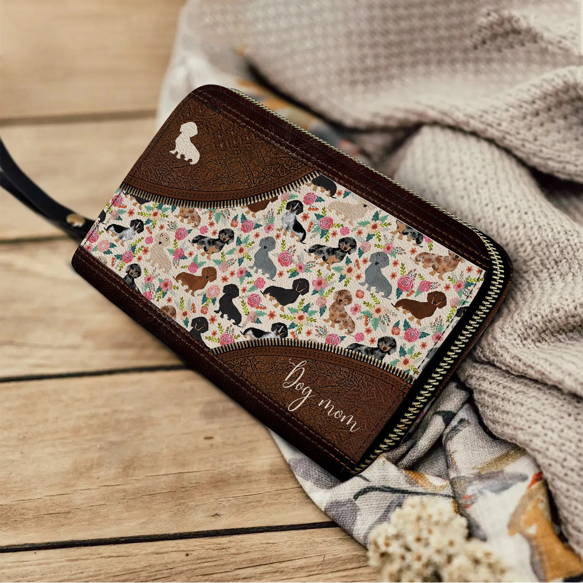 Shineful Leather Clutch Purse With Wristlet Strap Handle Floral Dachshunds