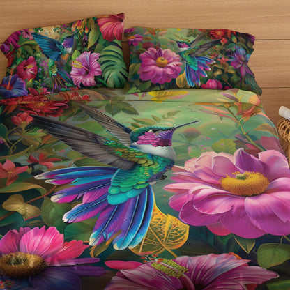 Shineful 4-Piece Bed Sheet Set Floral Hummingbird