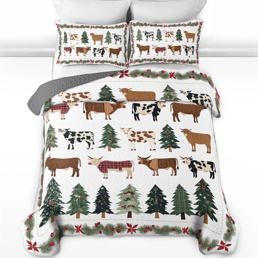 Ensemble de courtepointe toutes saisons Shineful 3 pièces Motif vache de Noël à feuilles persistantes