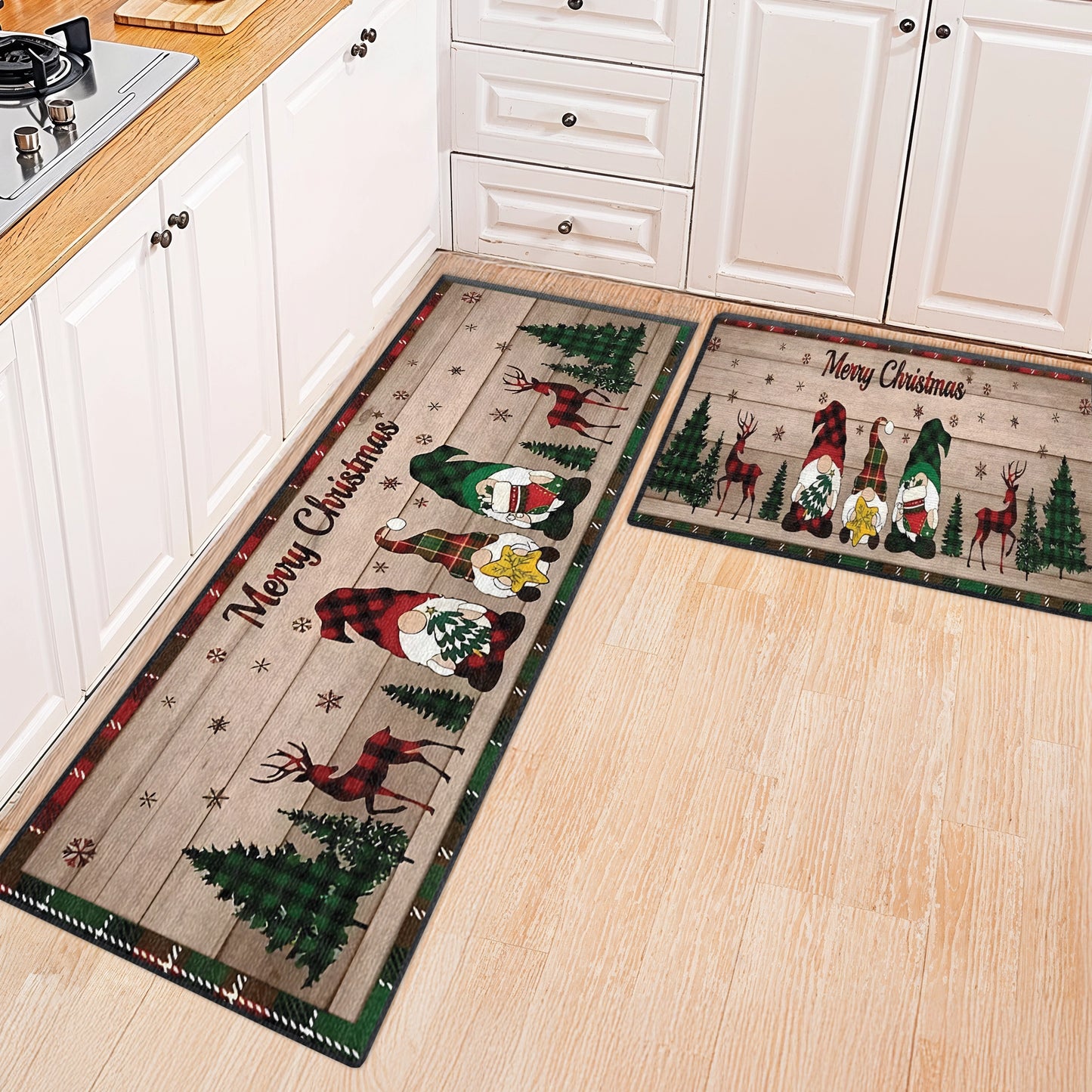 Shineful Ultra-Thin Non Skid Floor Mat, Kitchen Rugs Festive Gnome & Reindeer