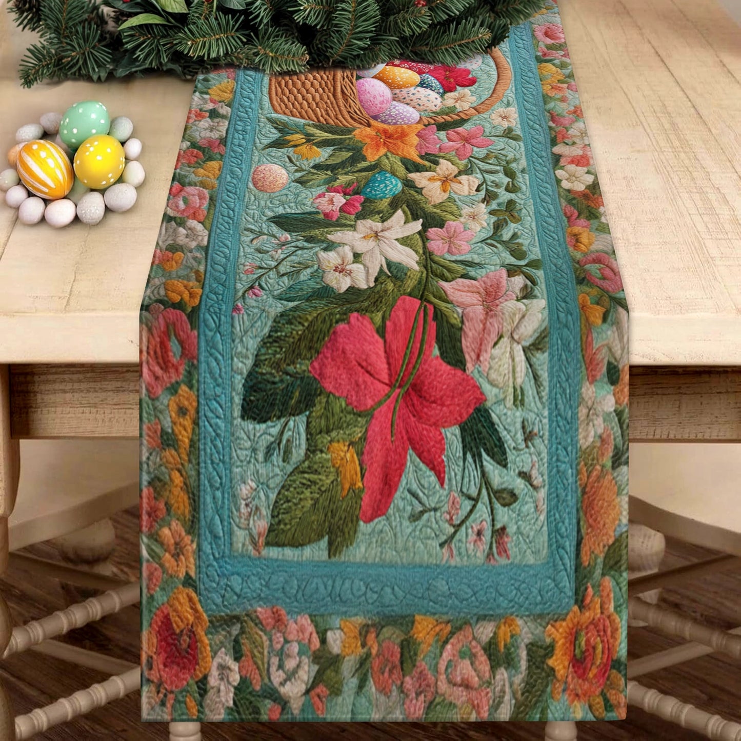 Shineful 2D Flat Print Quilted Table Runner Easter Floral Eggs Basket