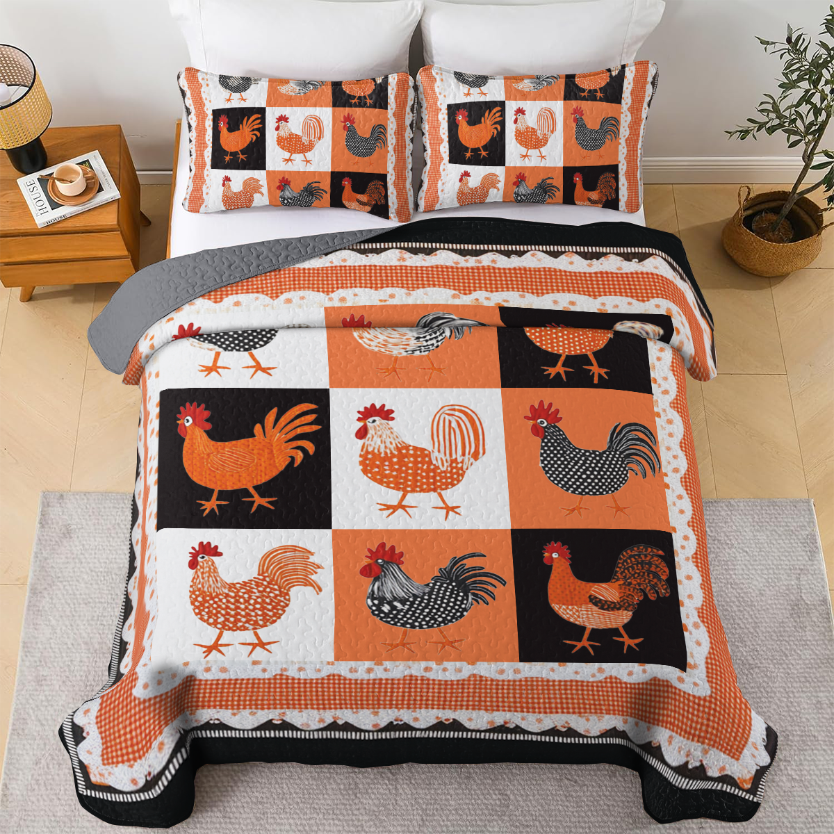 Ensemble de courtepointe toutes saisons Shineful 3 pièces - Motif poulet