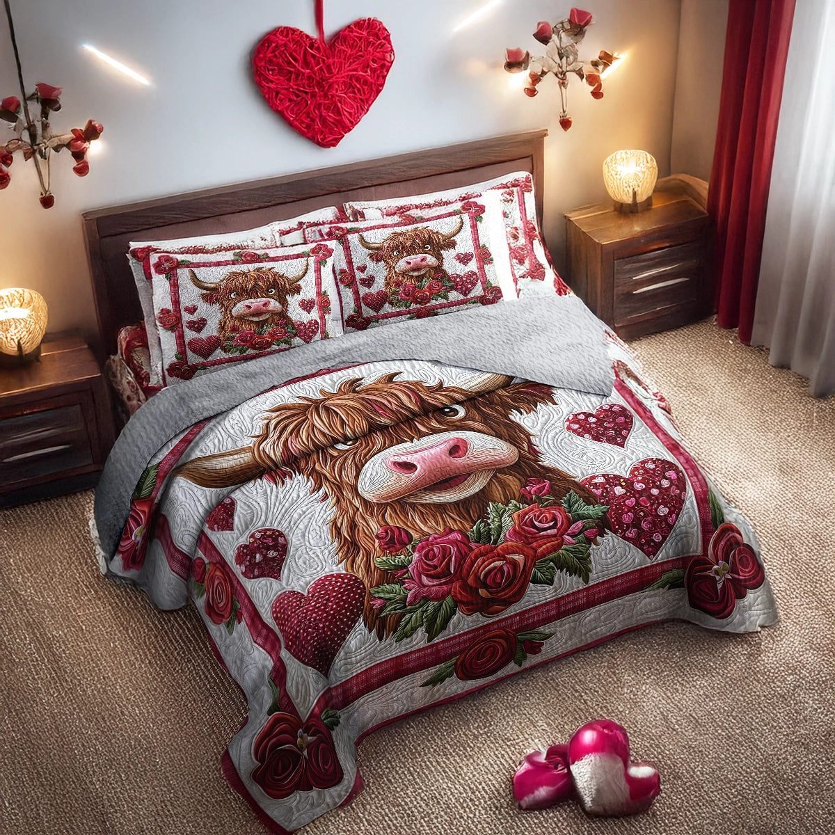 Shineful All Season Quilt 3-Piece Set Valentine’s Highland Cow