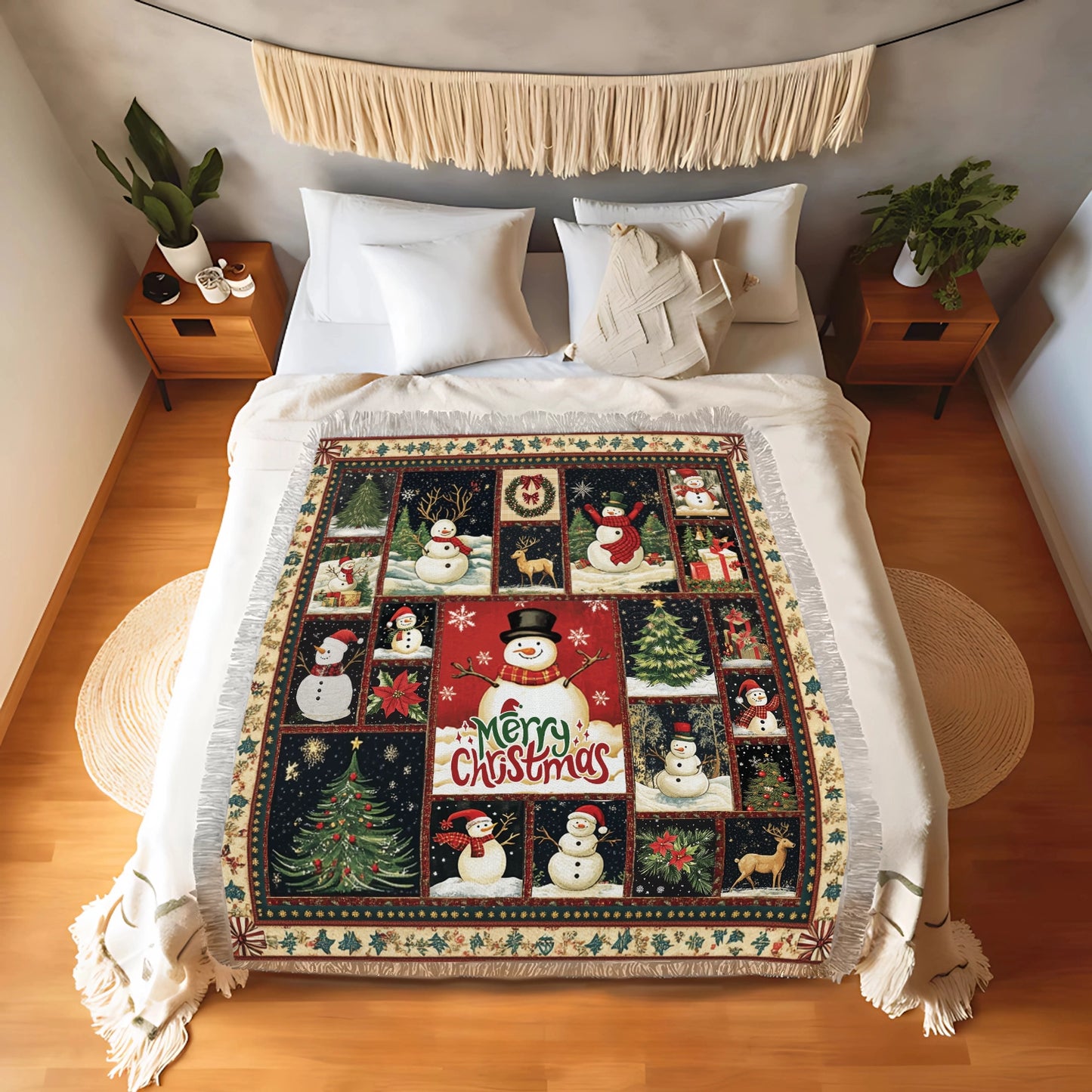 Shineful Woven Tapestry Throw Blanket Merry Snowmen Christmas