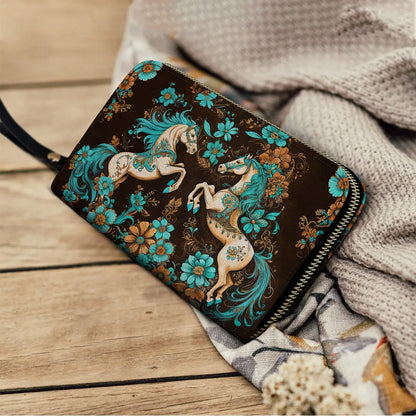 Shineful Leather Clutch Purse With Wristlet Strap Handle Mystic Horse Blossom